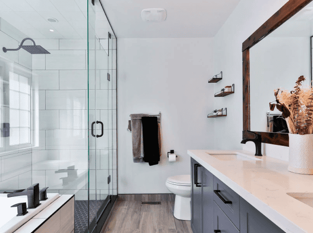bathroom and shower and a mirror